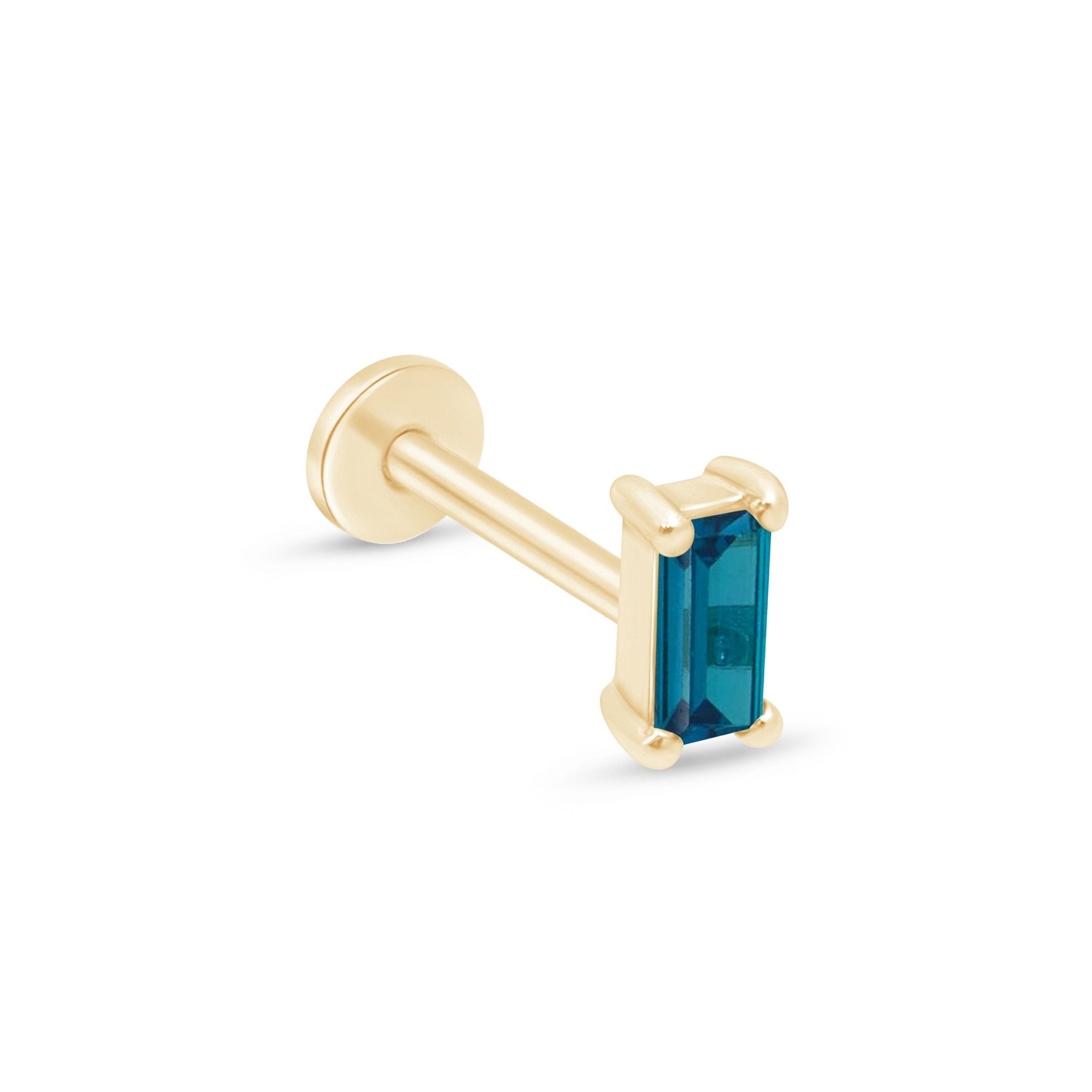 Blue Topaz Baguette Flat Back Stud in Solid 14k Yellow Gold