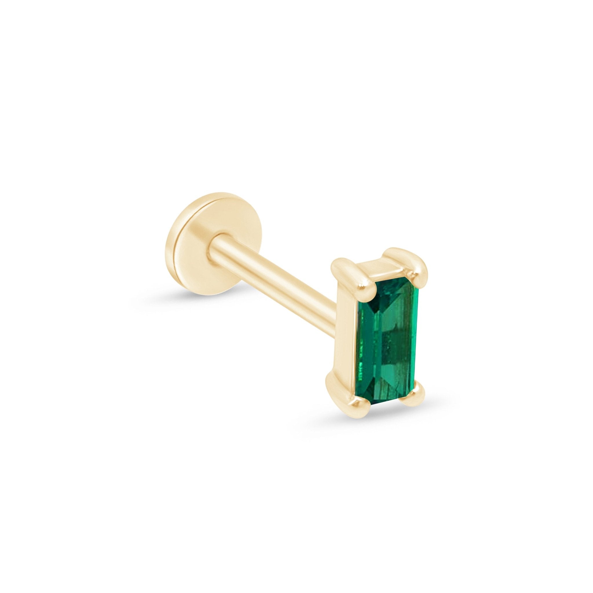 Emerald Baguette Flat Back Stud in Solid 14k Yellow Gold
