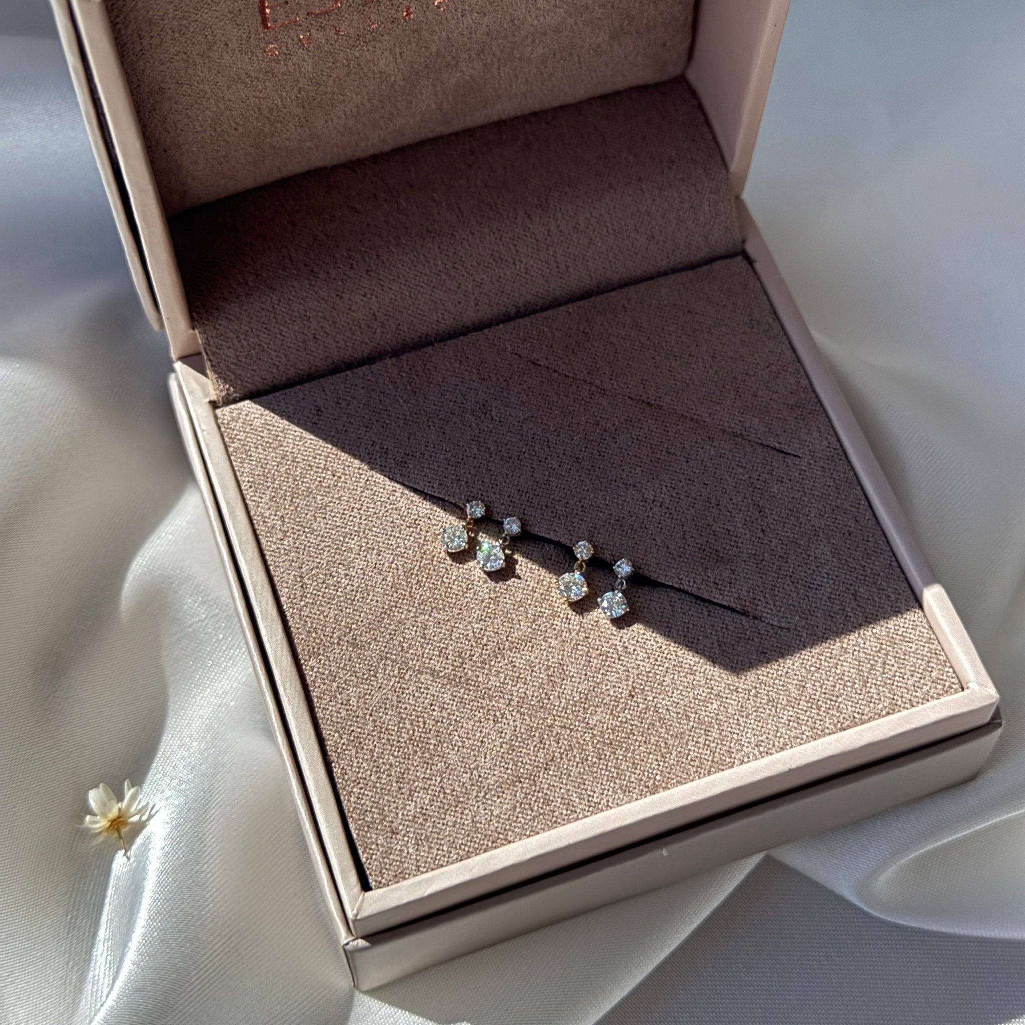 Double Diamond Drop Flat Back Stud in Solid 14k White Gold