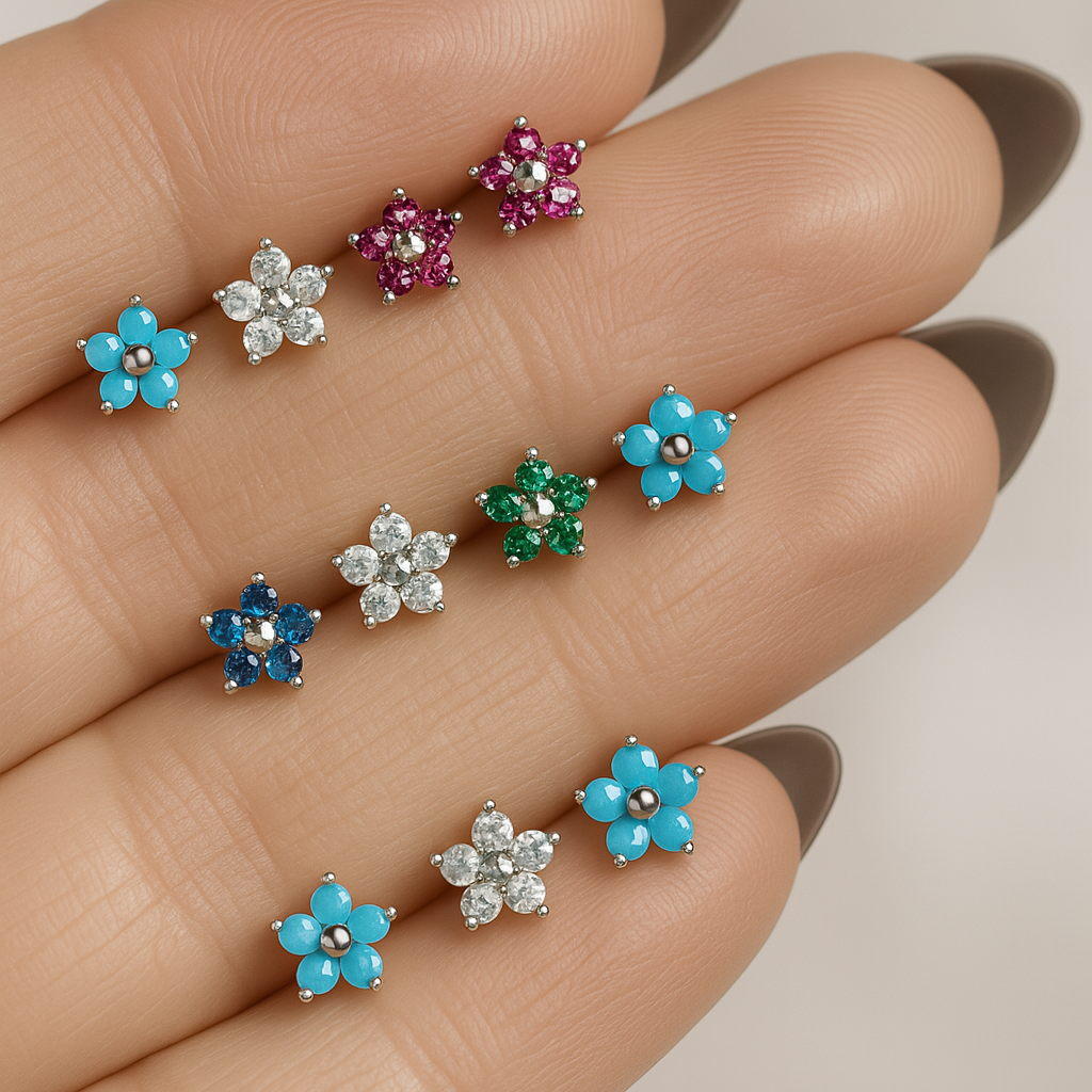 Turquoise Flower Flat Back Stud in Solid 14k Yellow Gold