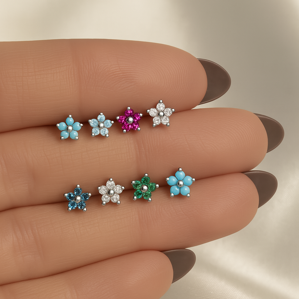 Turquoise Flower Flat Back Stud in Solid 14k Yellow Gold