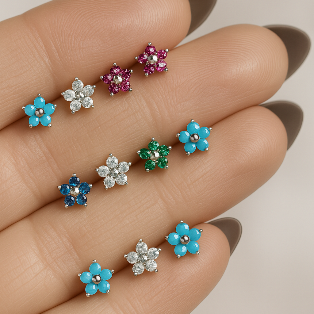 Emerald Flower Flat Back Stud in Solid 14k Yellow Gold