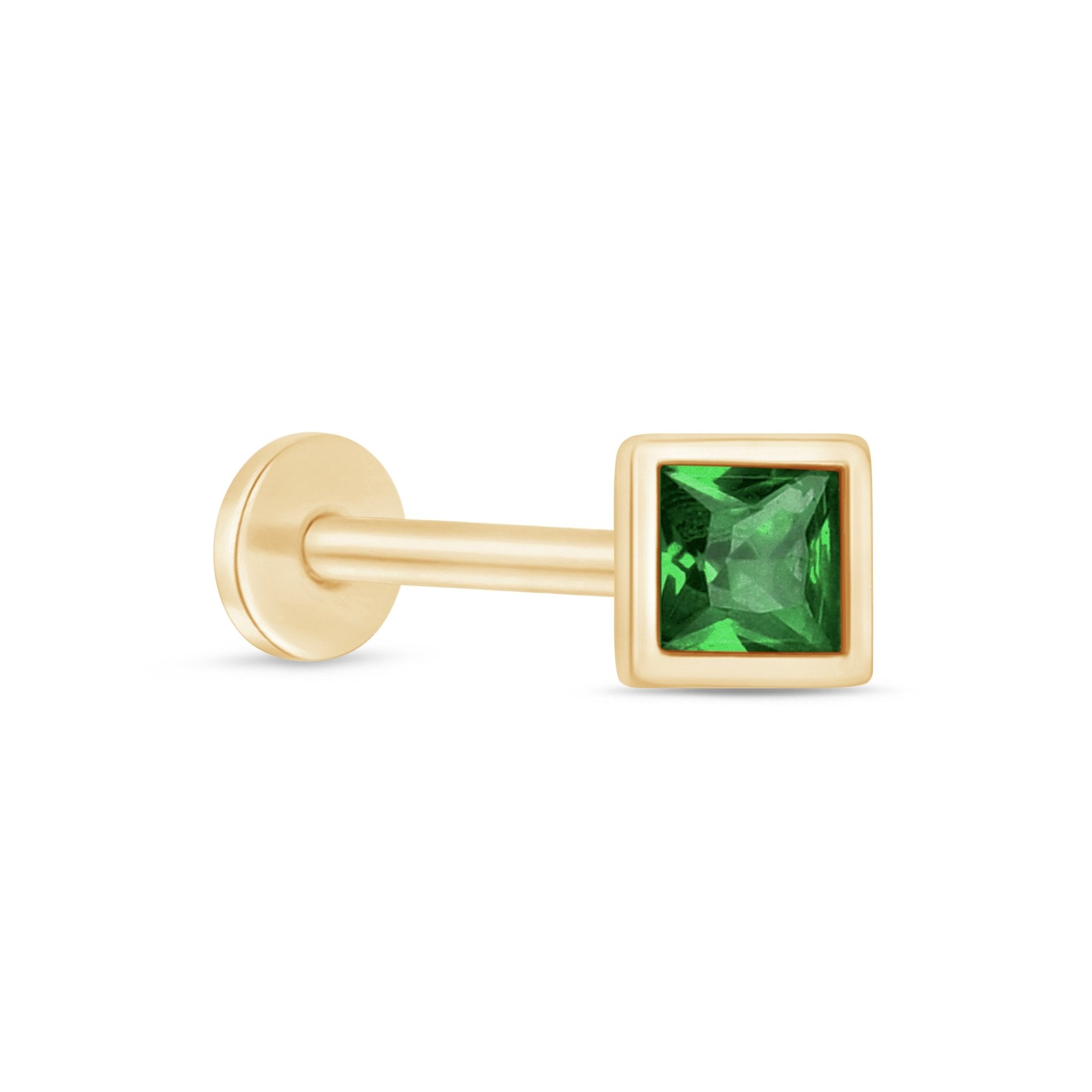 Princess Cut Emerald Flat Back Stud Bezel Set in Solid 14k Yellow Gold