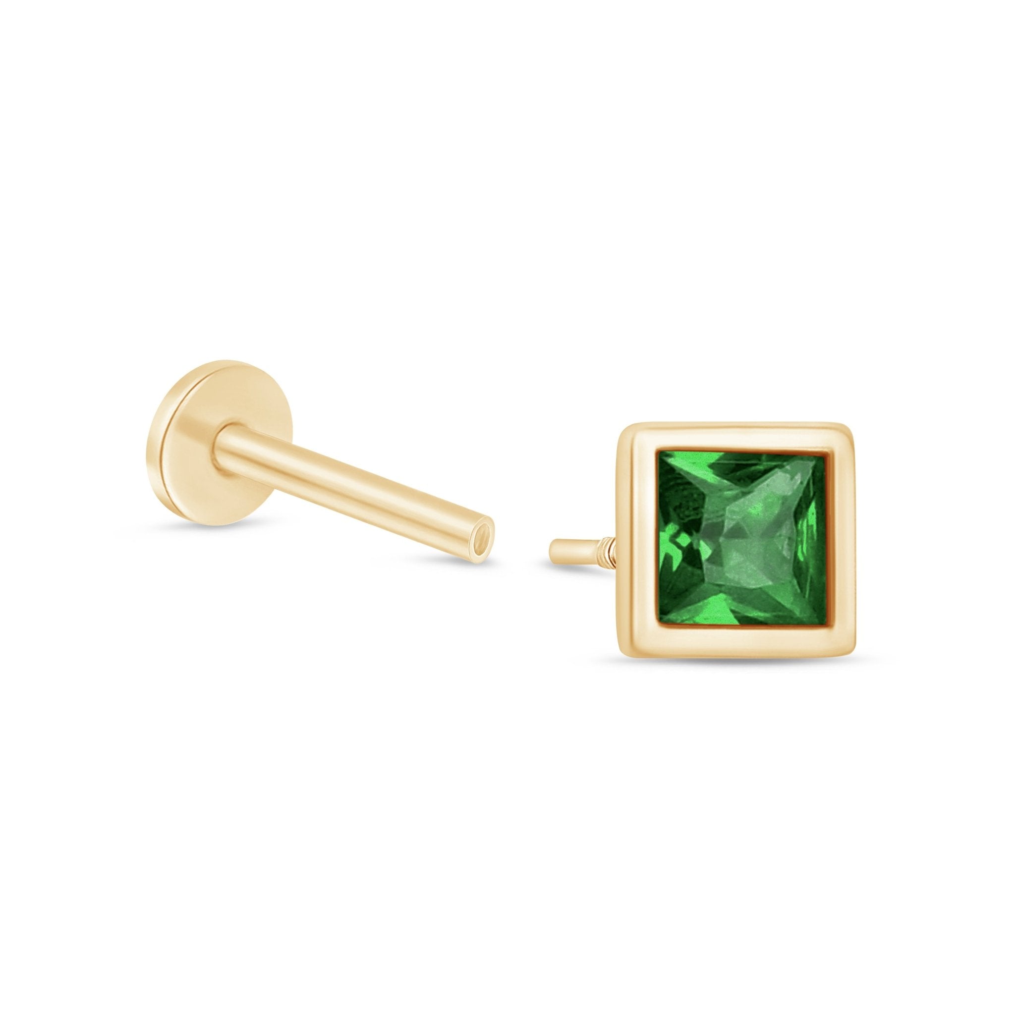 Princess Cut Emerald Flat Back Stud Bezel Set in Solid 14k Yellow Gold