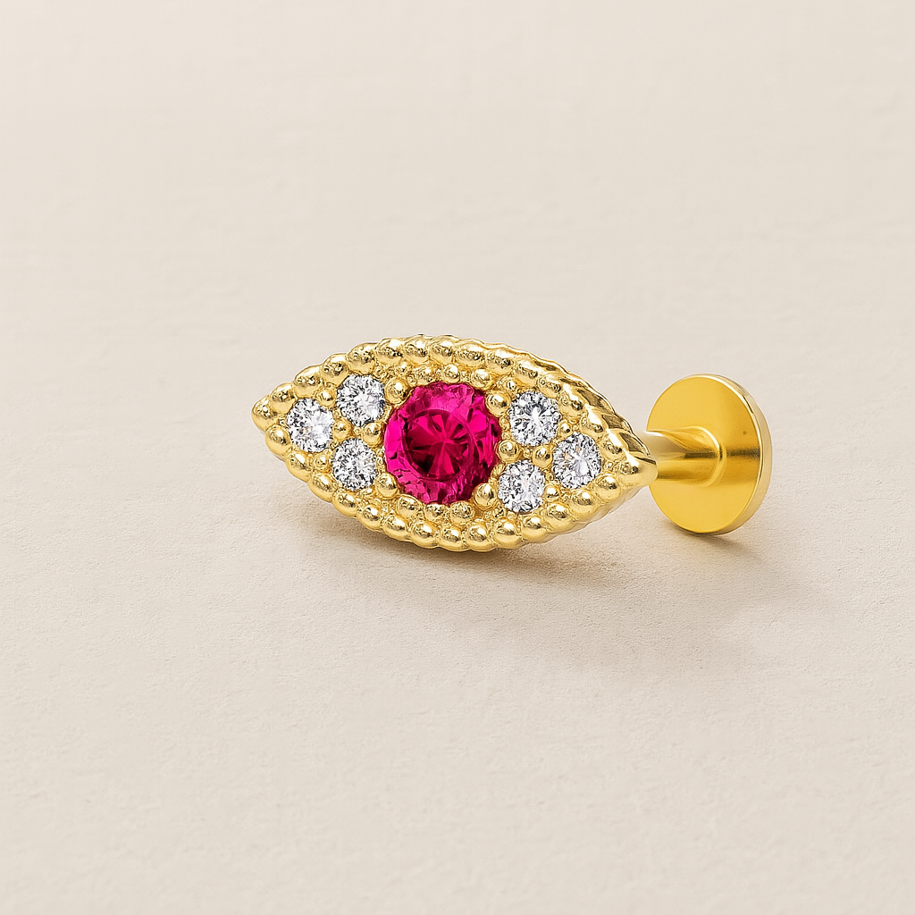 Ruby Evil Eye Flat Back Stud in Solid 14k Yellow Gold