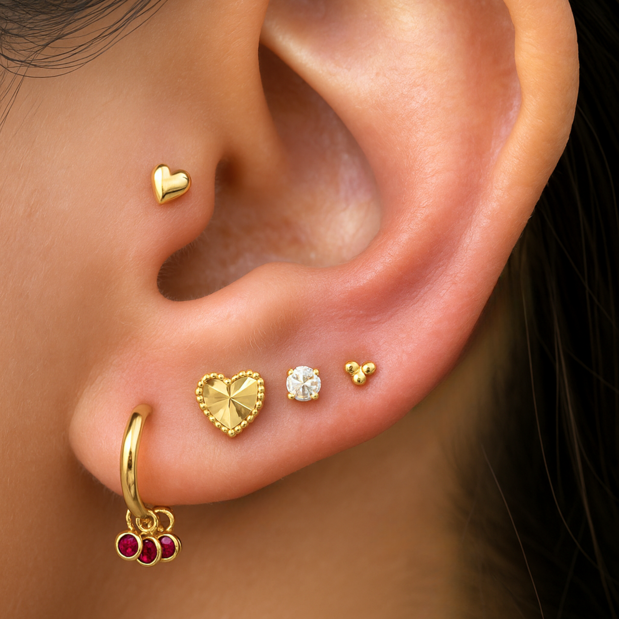 Diamond Cut Solid 14k Yellow Gold Heart Flat Back Stud