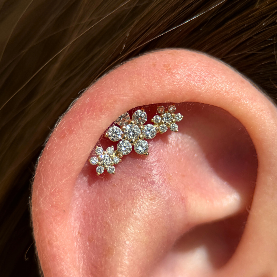 Diamond Three Flower Garland Flat Back Stud in Solid 14k Yellow Gold