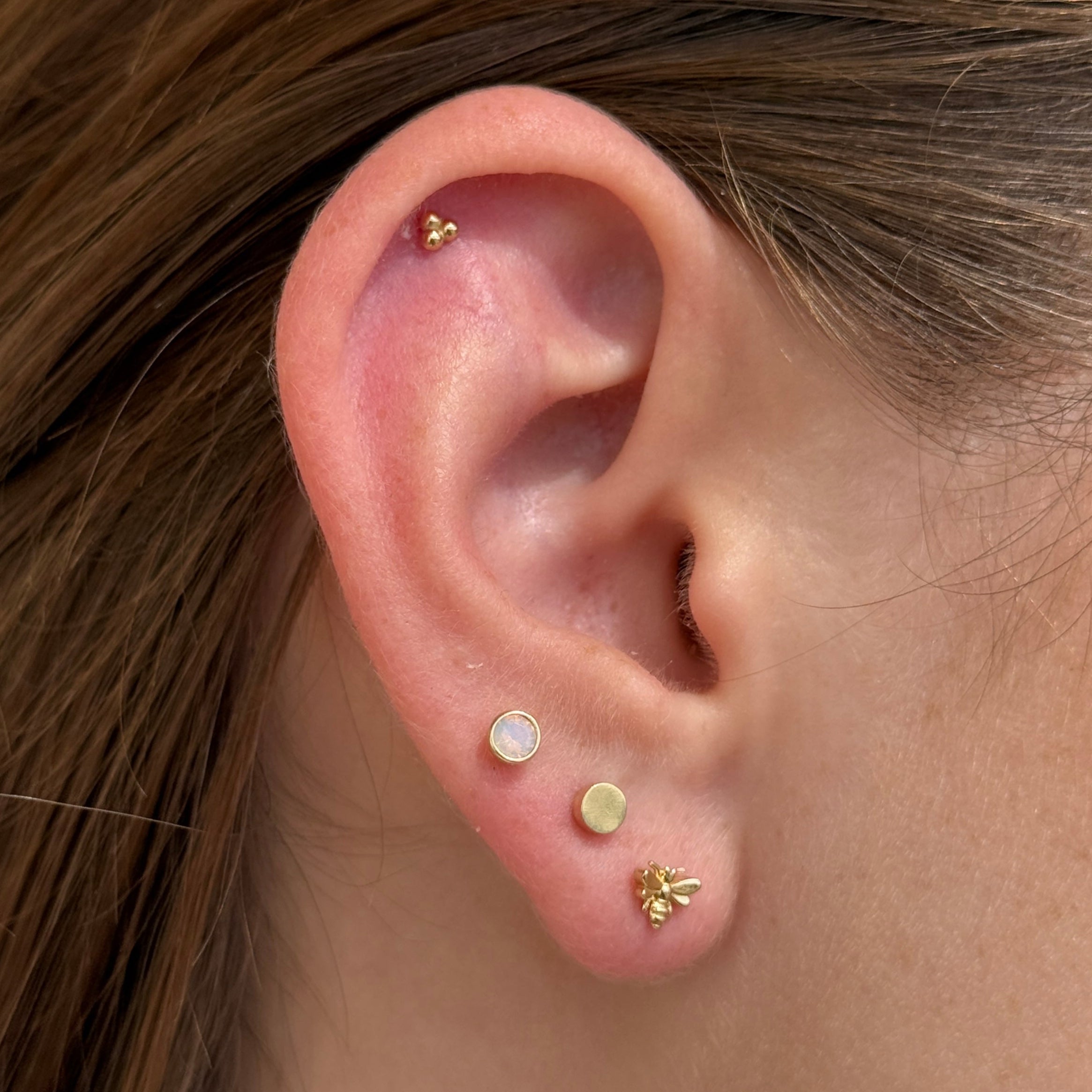 Round Pink Opal Flat Back Stud Bezel Set in Solid 14k Yellow Gold