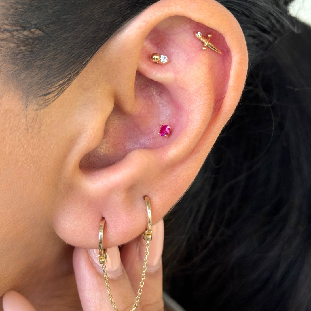 Beaded CZ Drop Stud Earring in 14k White Gold
