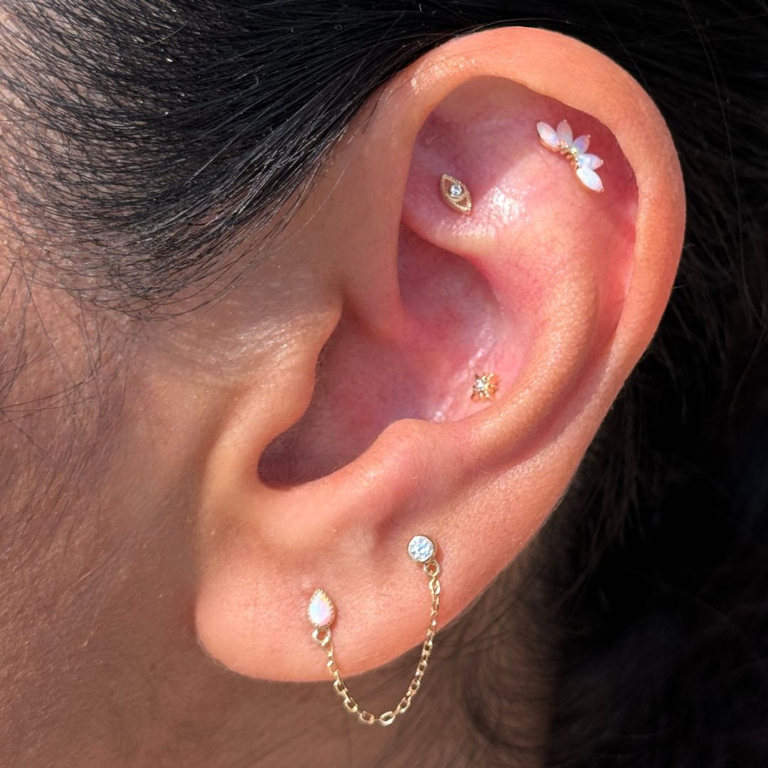 Solid 14k Gold Opal CZ Double Stud Chain Earring