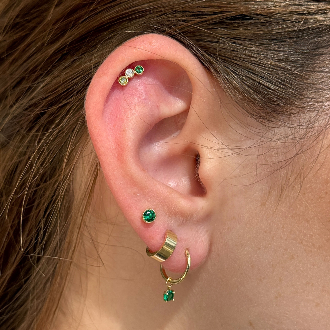 Emerald Flat Back Stud Milgrain Set in Solid 14k Yellow Gold