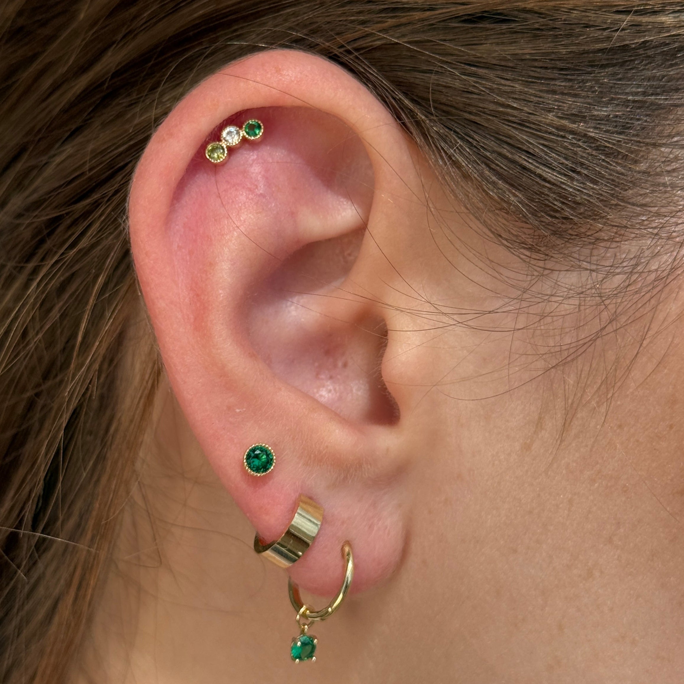 Emerald Flat Back Stud Milgrain Set in Solid 14k Yellow Gold