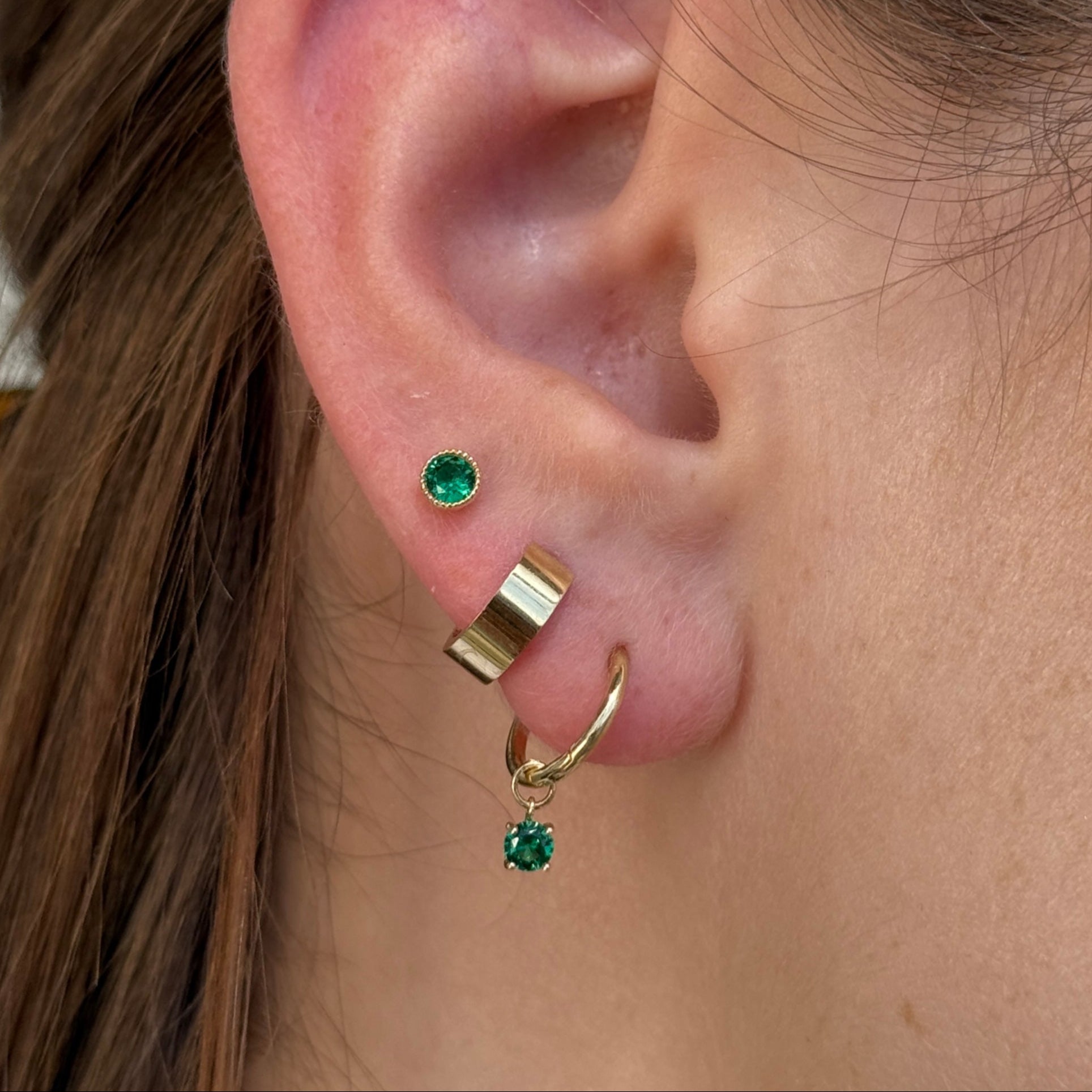 Hoop with Prong Set Emerald Charm in Solid 14k Yellow Gold