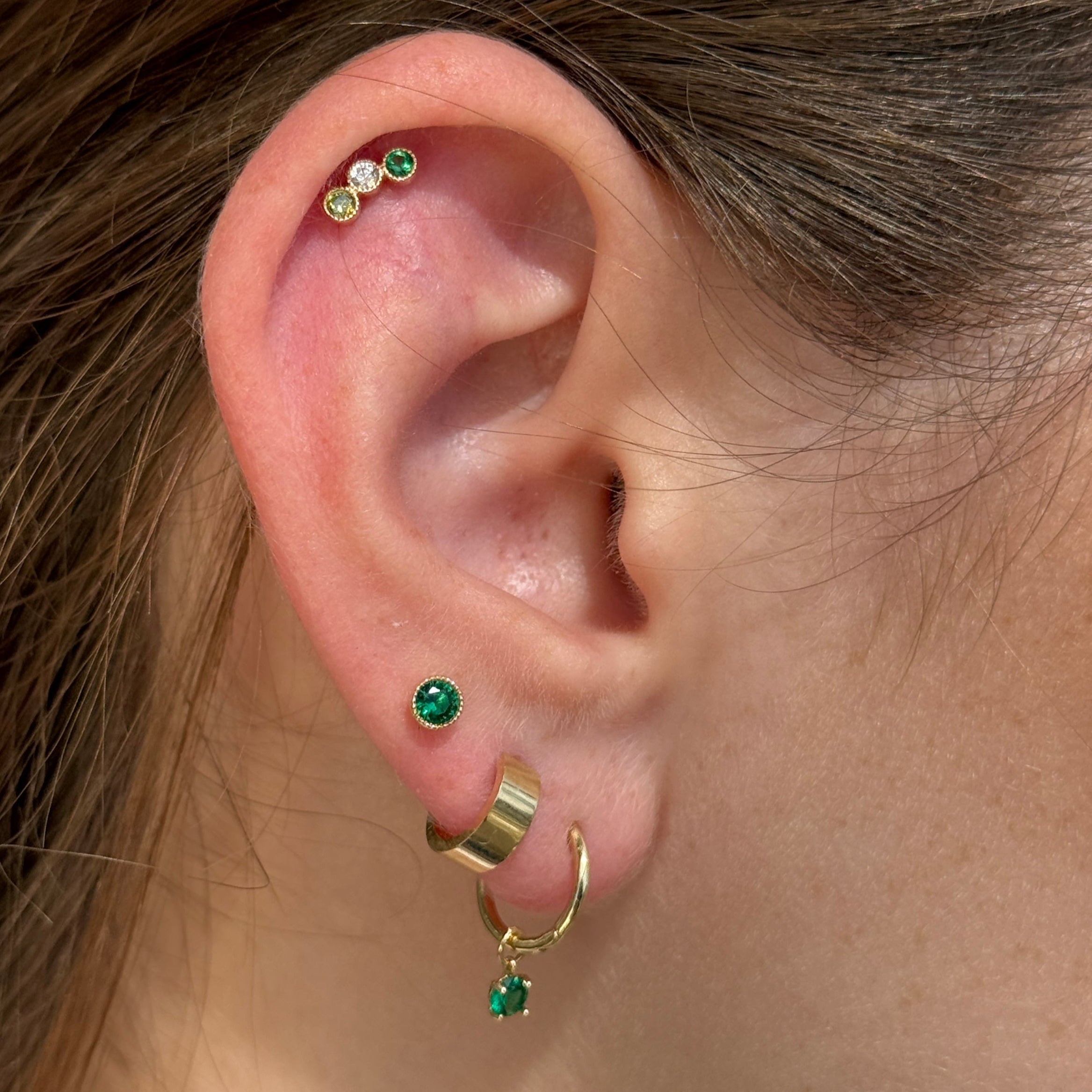 Emerald Flat Back Stud Milgrain Set in Solid 14k Yellow Gold