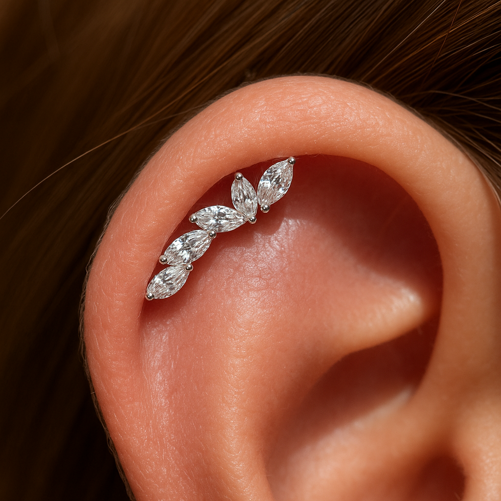 Marquise Illusion Ear Climber Flat Back Stud in Solid 14k Yellow Gold