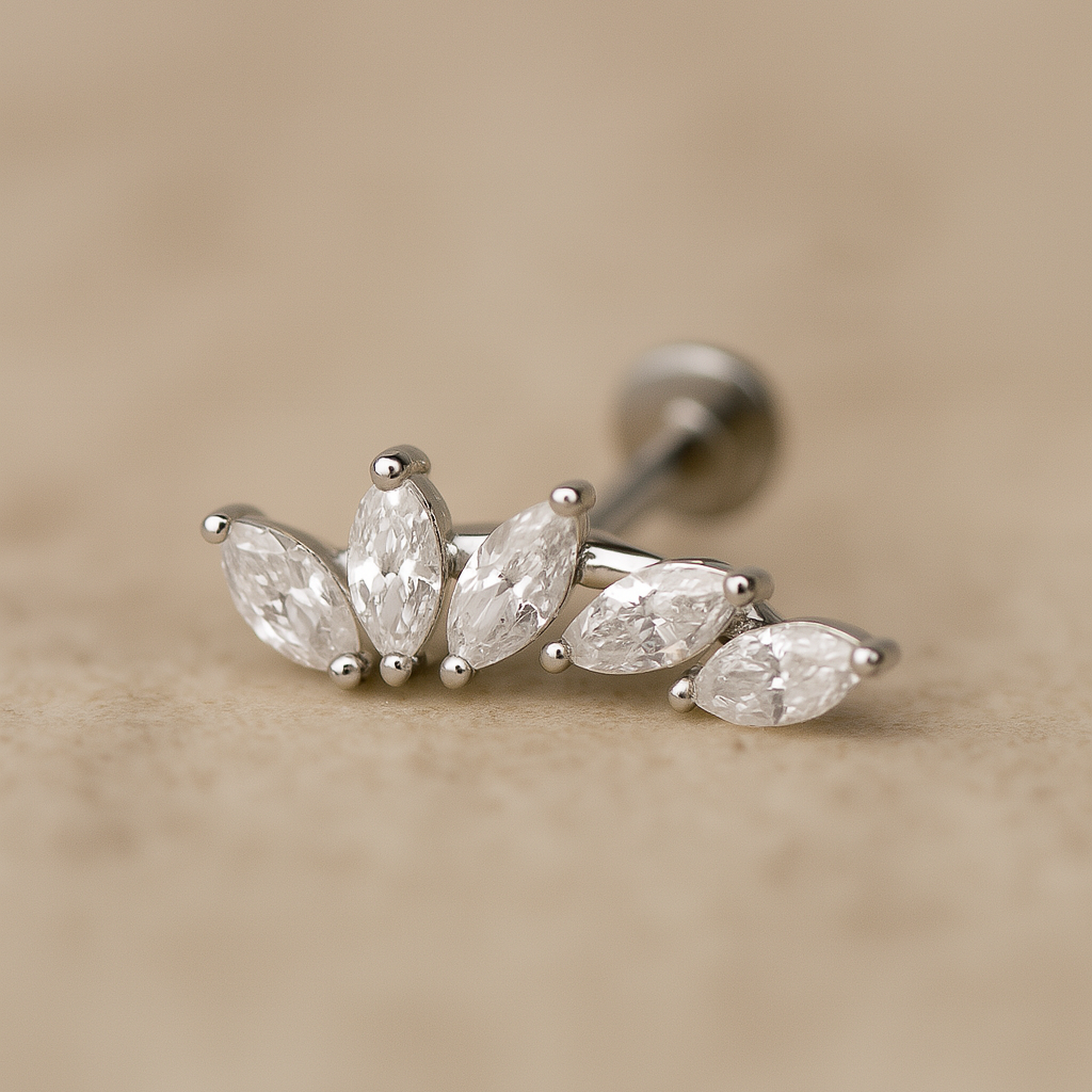 Marquise Illusion Ear Climber Flat Back Stud in Solid 14k Yellow Gold