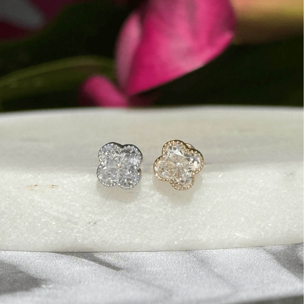 Gemstone Clover Flat Back Stud Milgrain Set in Solid 14k White Gold