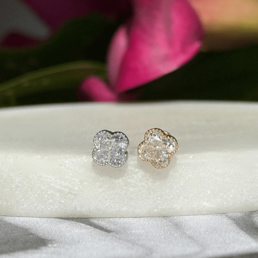 Gemstone Clover Flat Back Stud Milgrain Set in Solid 14k White Gold