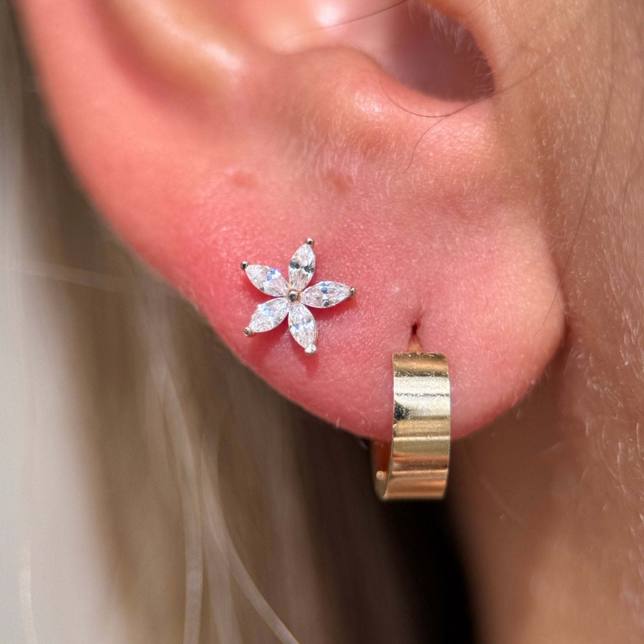 Marquise Flower Flat Back Stud in Solid 14k Yellow Gold