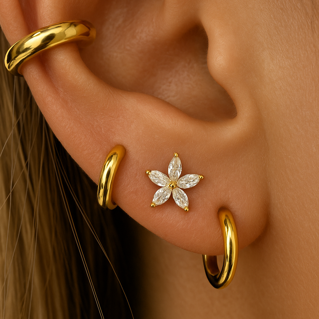Marquise Flower Flat Back Stud in Solid 14k Yellow Gold
