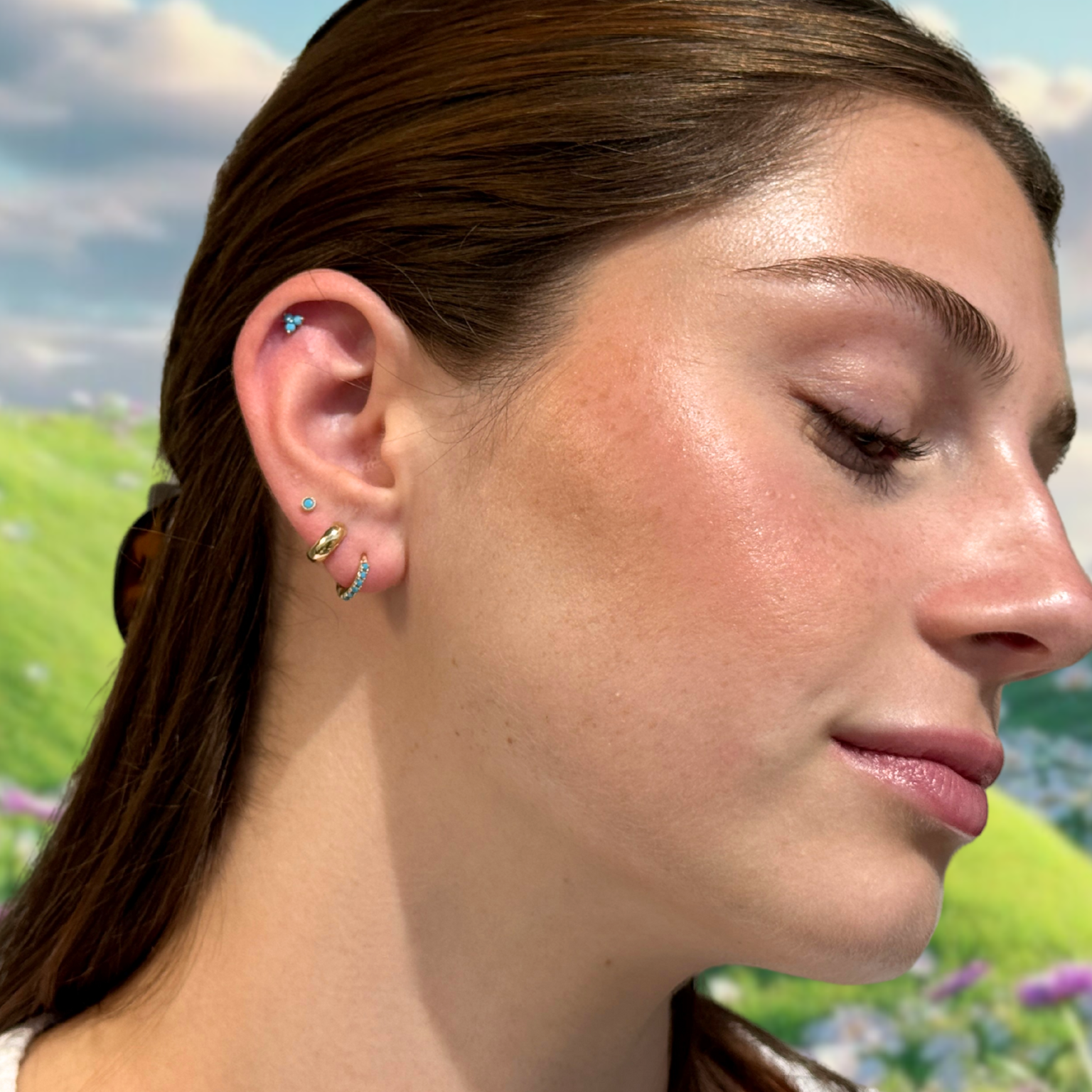 Turquoise Flat Back Stud Milgrain Set in Solid 14k Yellow Gold