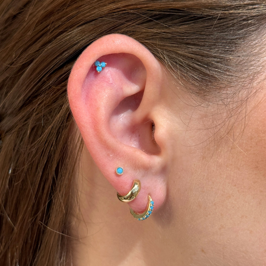 Turquoise Flat Back Stud Milgrain Set in Solid 14k Yellow Gold