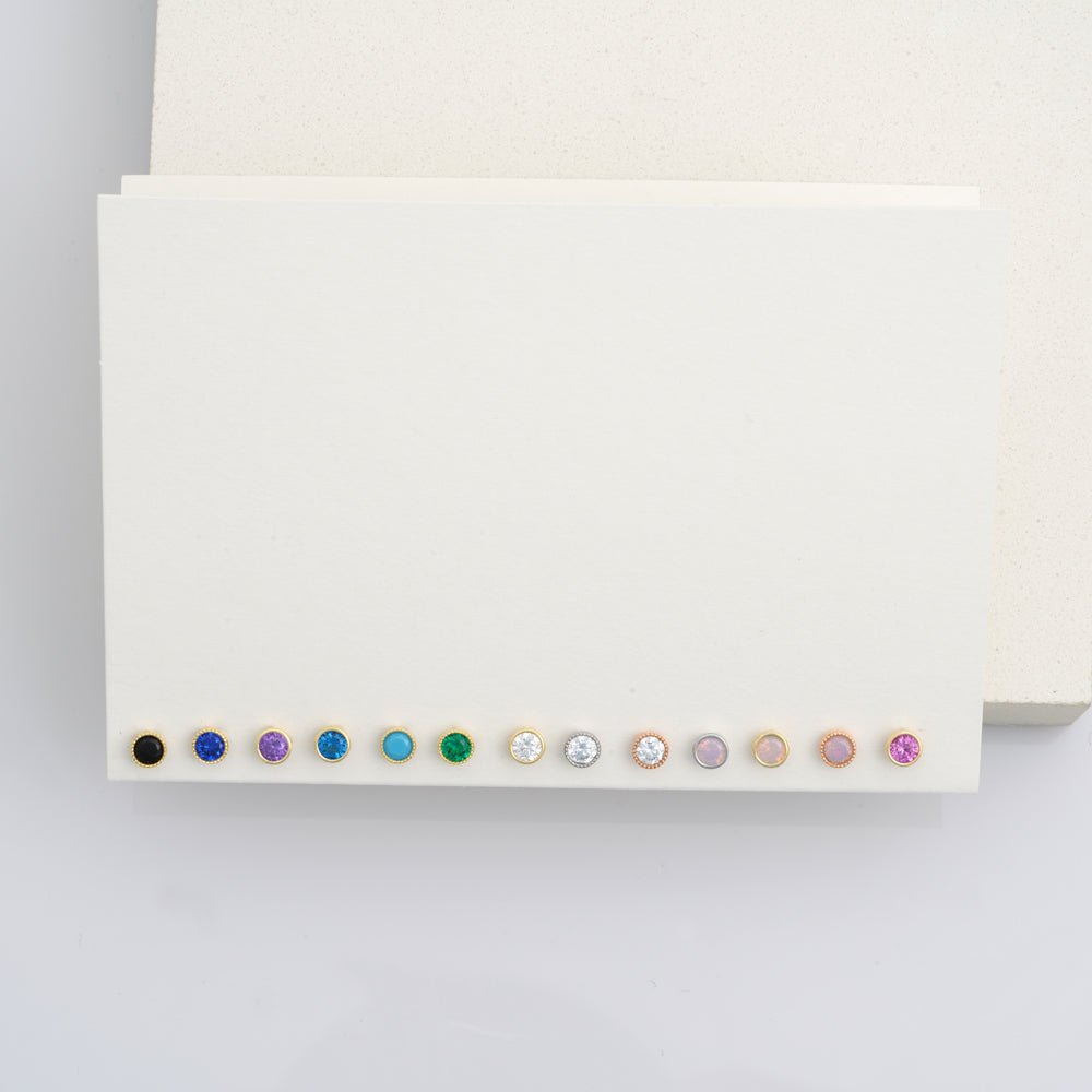 Gemstone Flat Back Stud Milgrain Set in Solid 14k White Gold
