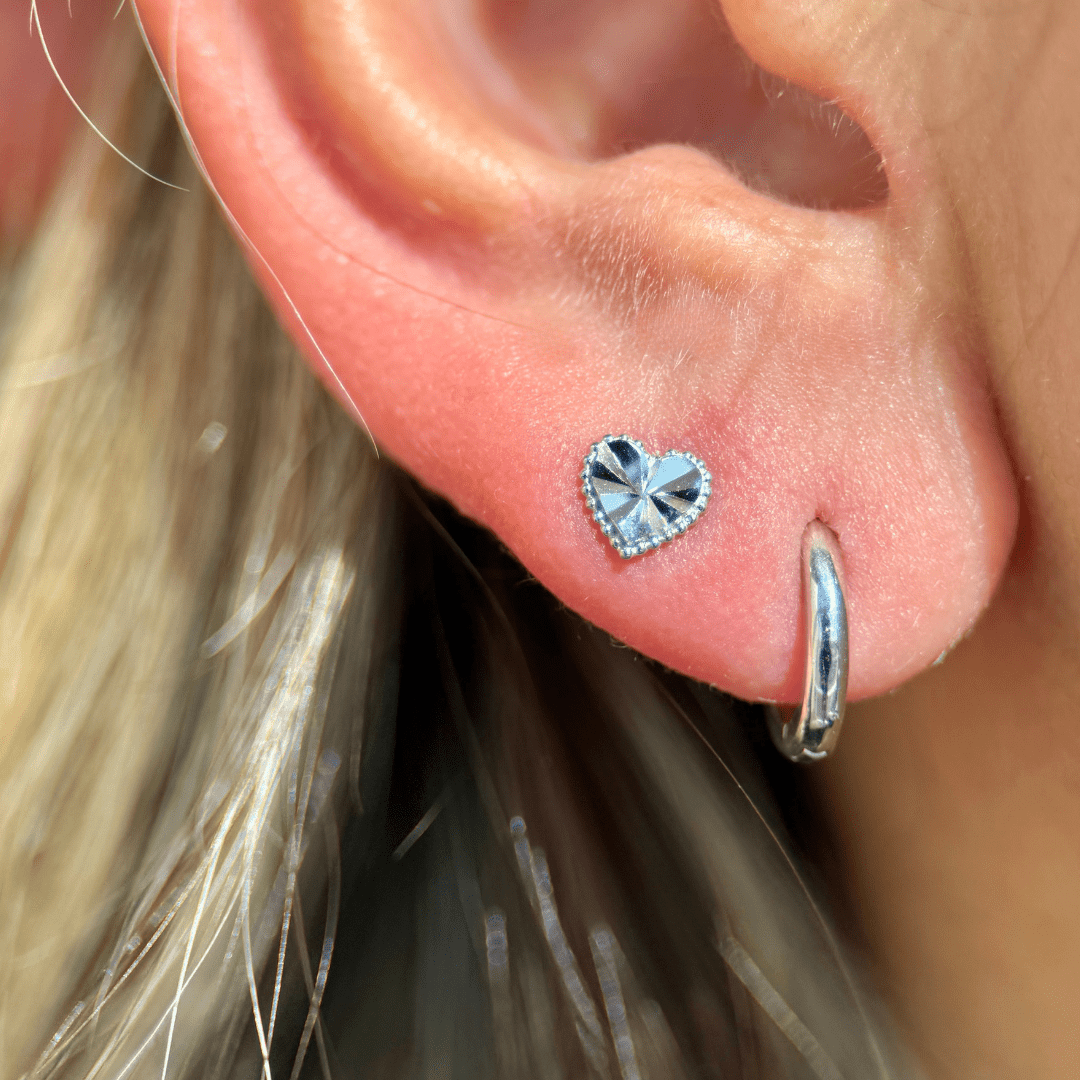 Diamond Cut Solid 14k White Gold Heart Flat Back Stud