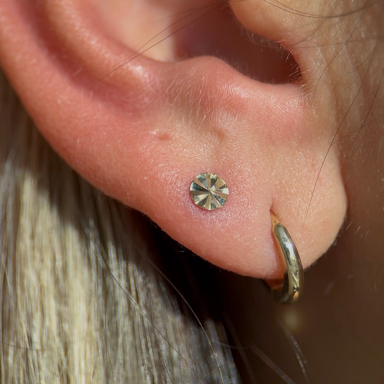 Diamond Cut Solid 14k Yellow Gold Disc Flat Back Stud