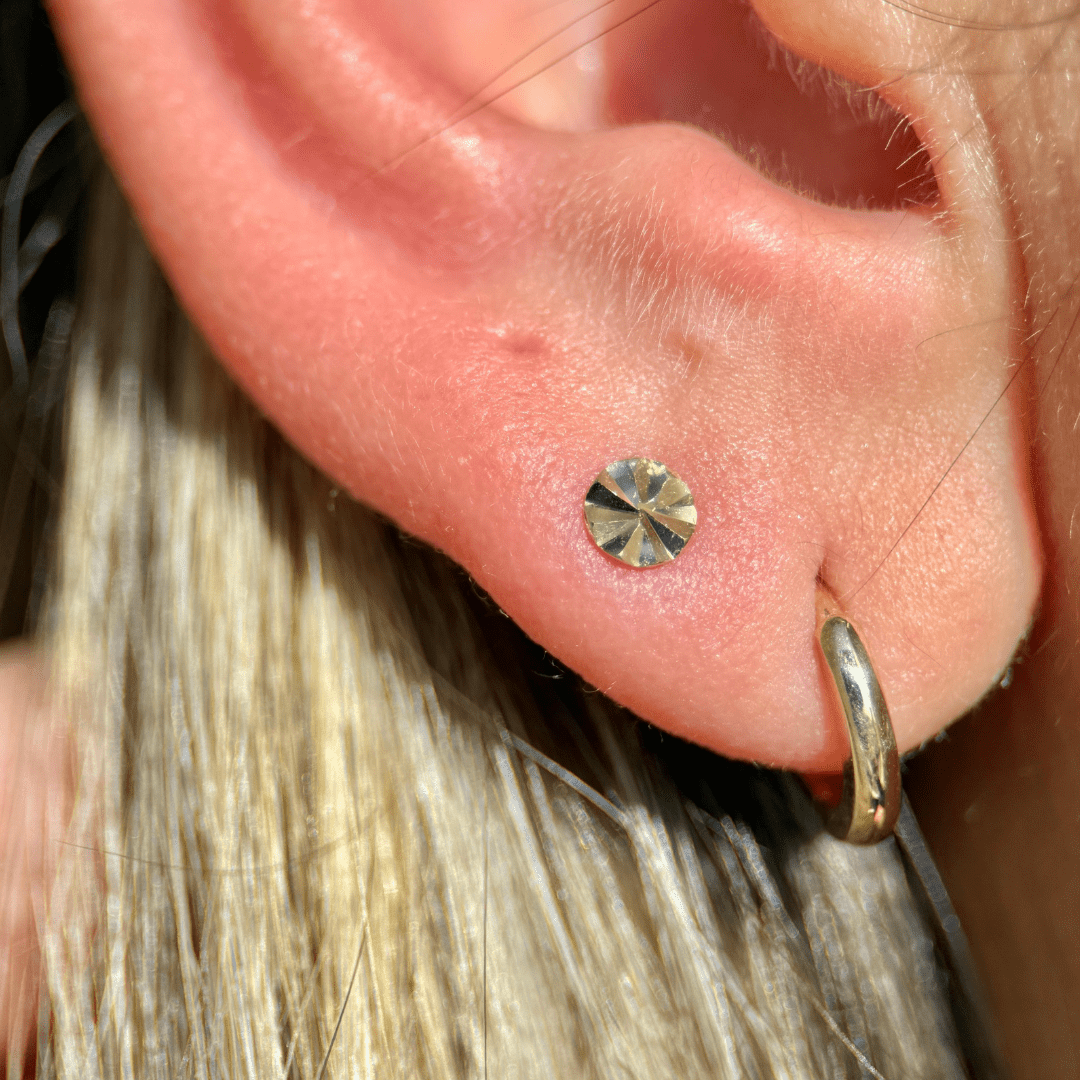 Diamond Cut Solid 14k Yellow Gold Disc Flat Back Stud