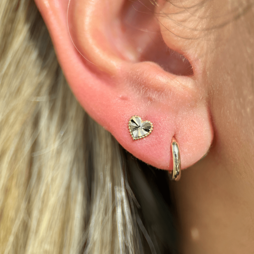Diamond Cut Solid 14k Yellow Gold Heart Flat Back Stud