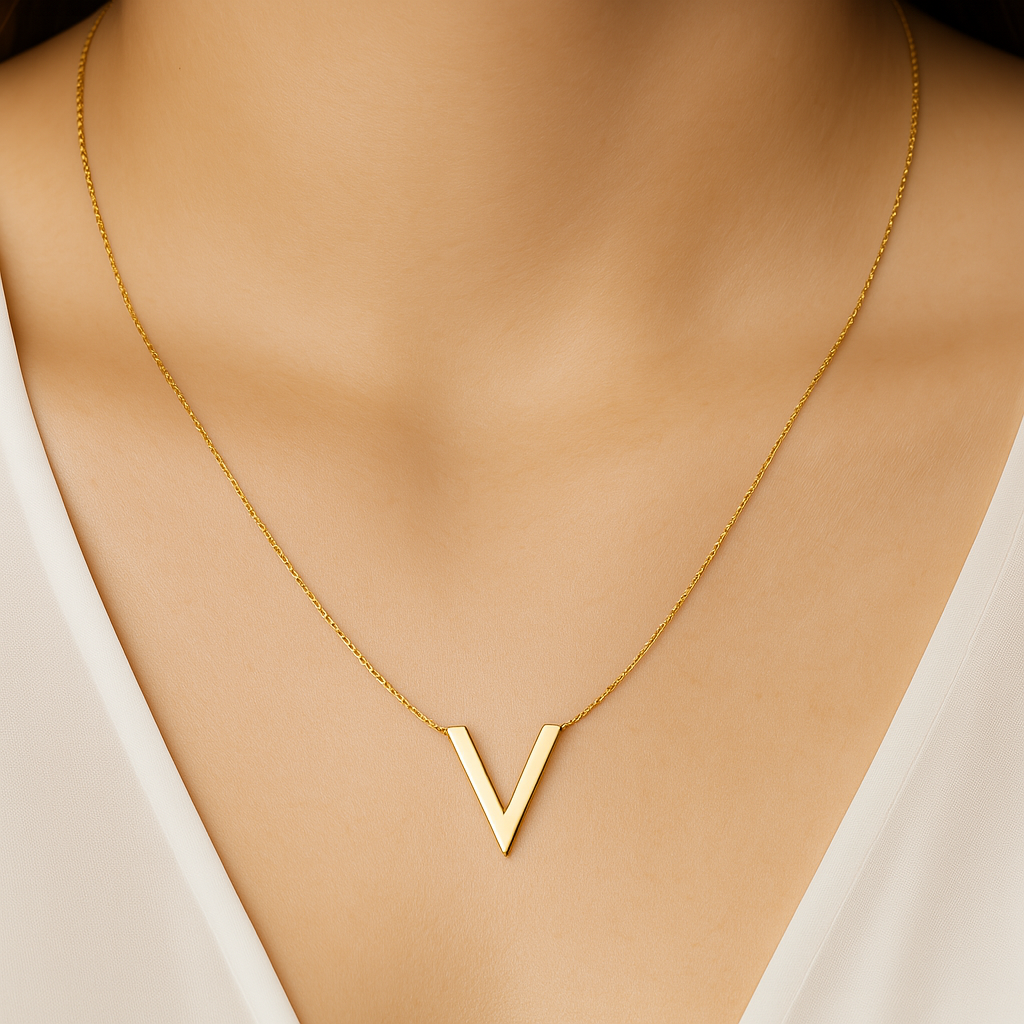 Chevron V Station Necklace Gold in Solid 14k Yellow Gold