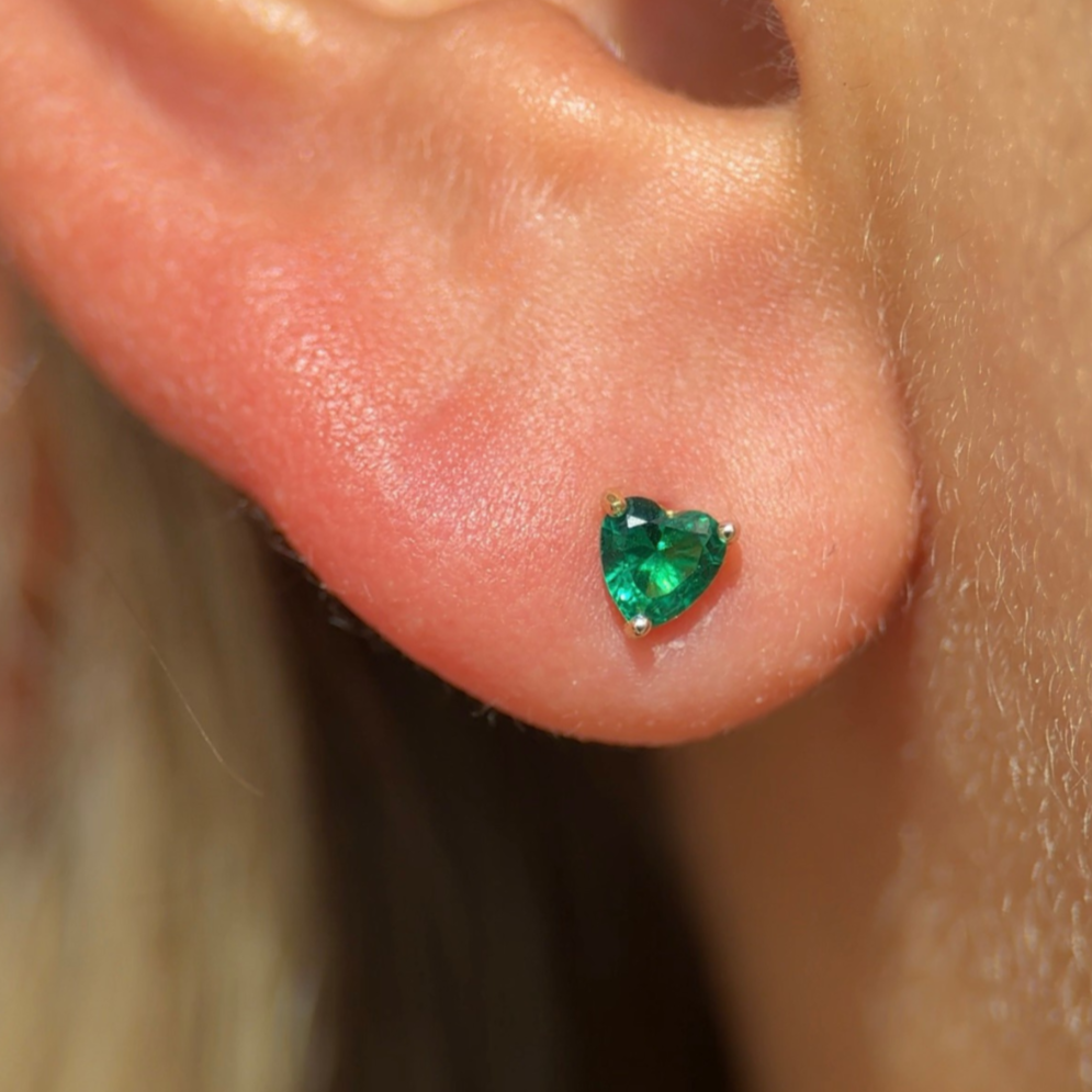Emerald Heart Flat Back Stud in Solid 14k Yellow Gold