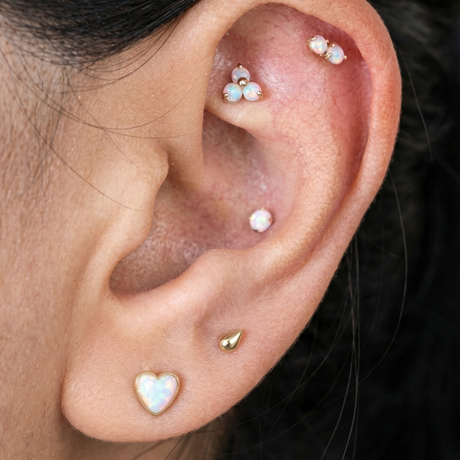 Yellow Gold Opal Heart Flat Back Earring