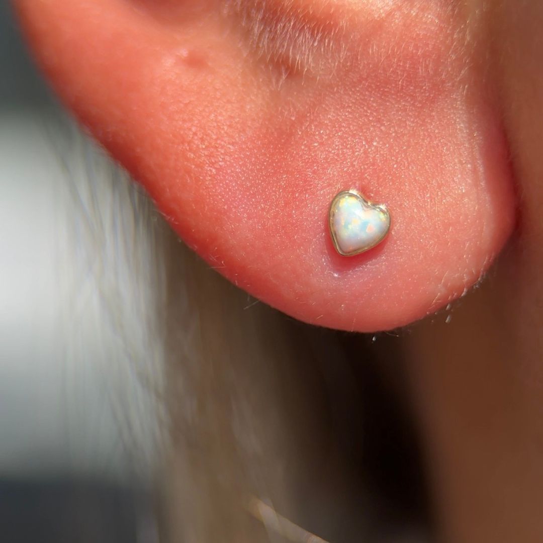 Solid 14k Gold Opal Heart Stud Earring