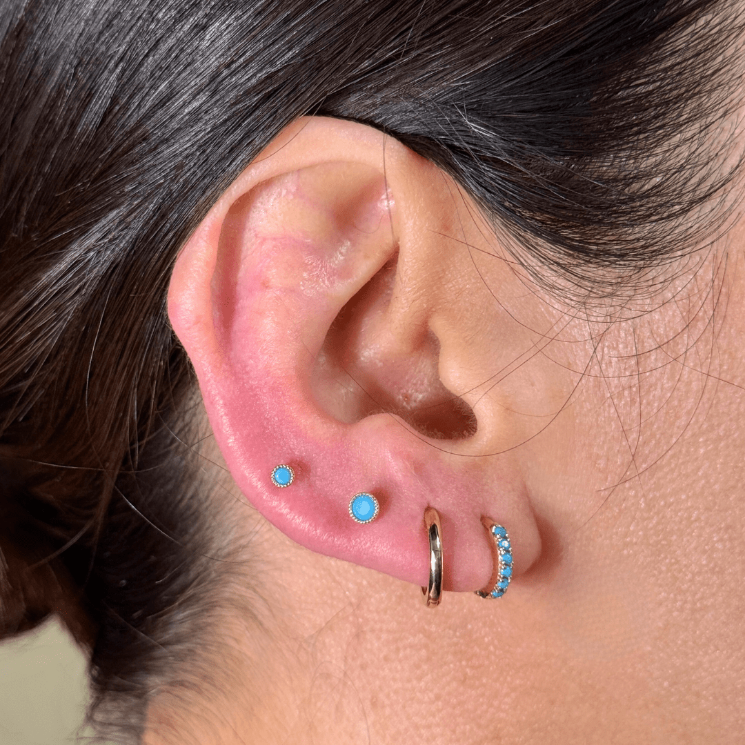 Turquoise Flat Back Stud Milgrain Set in Solid 14k Yellow Gold
