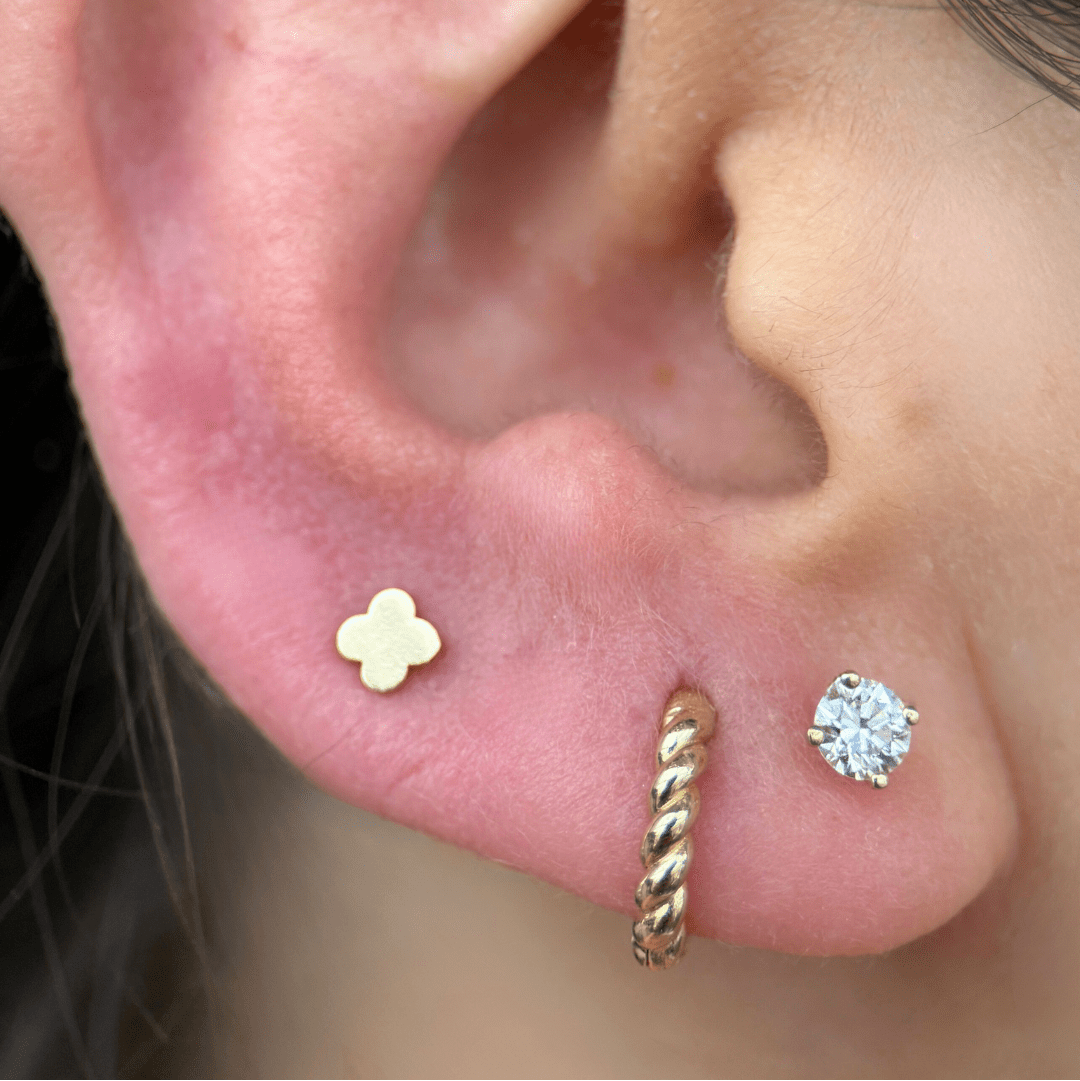 Gold Clover Flat Back Stud in Solid 14k Yellow Gold