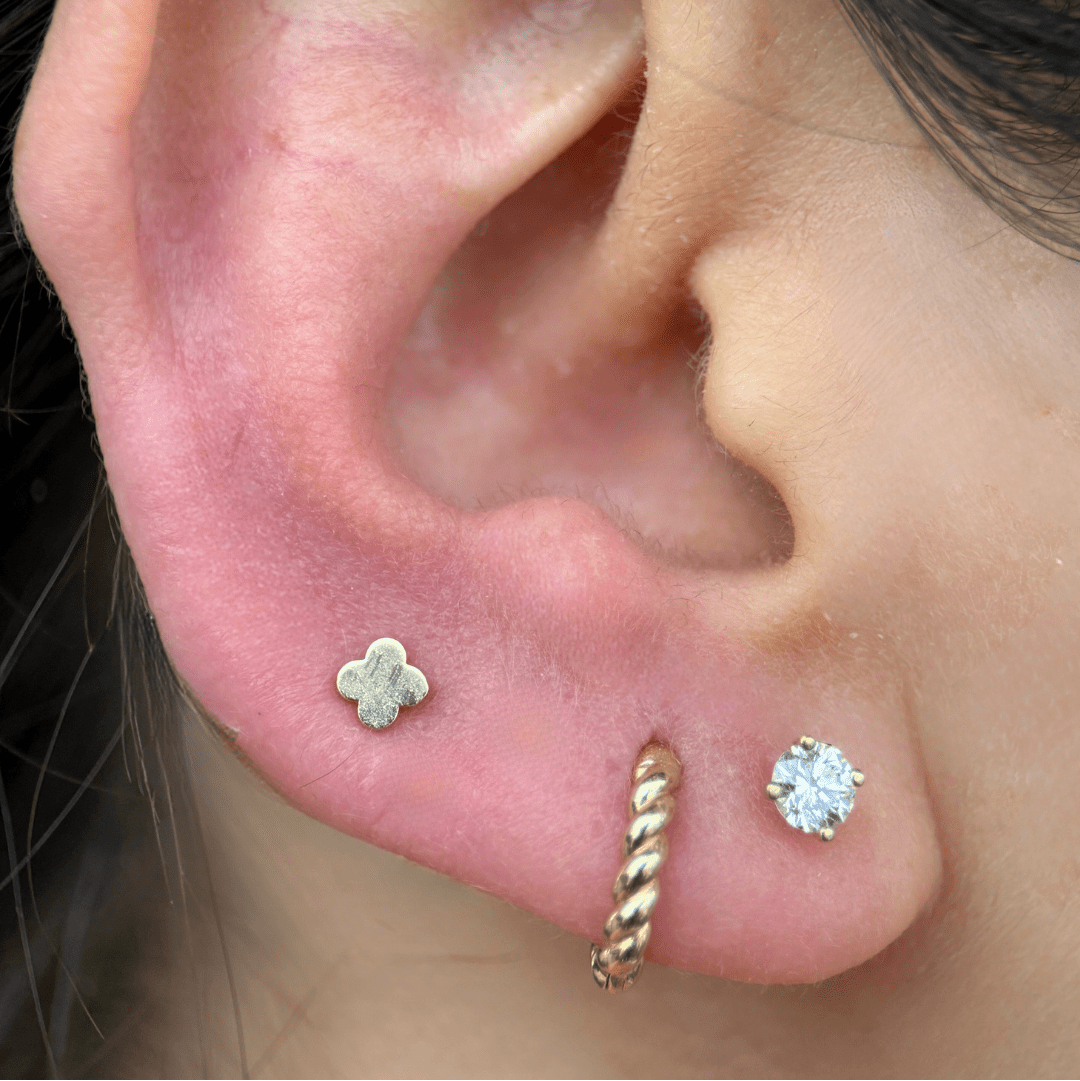 Gold Clover Flat Back Stud in Solid 14k Yellow Gold