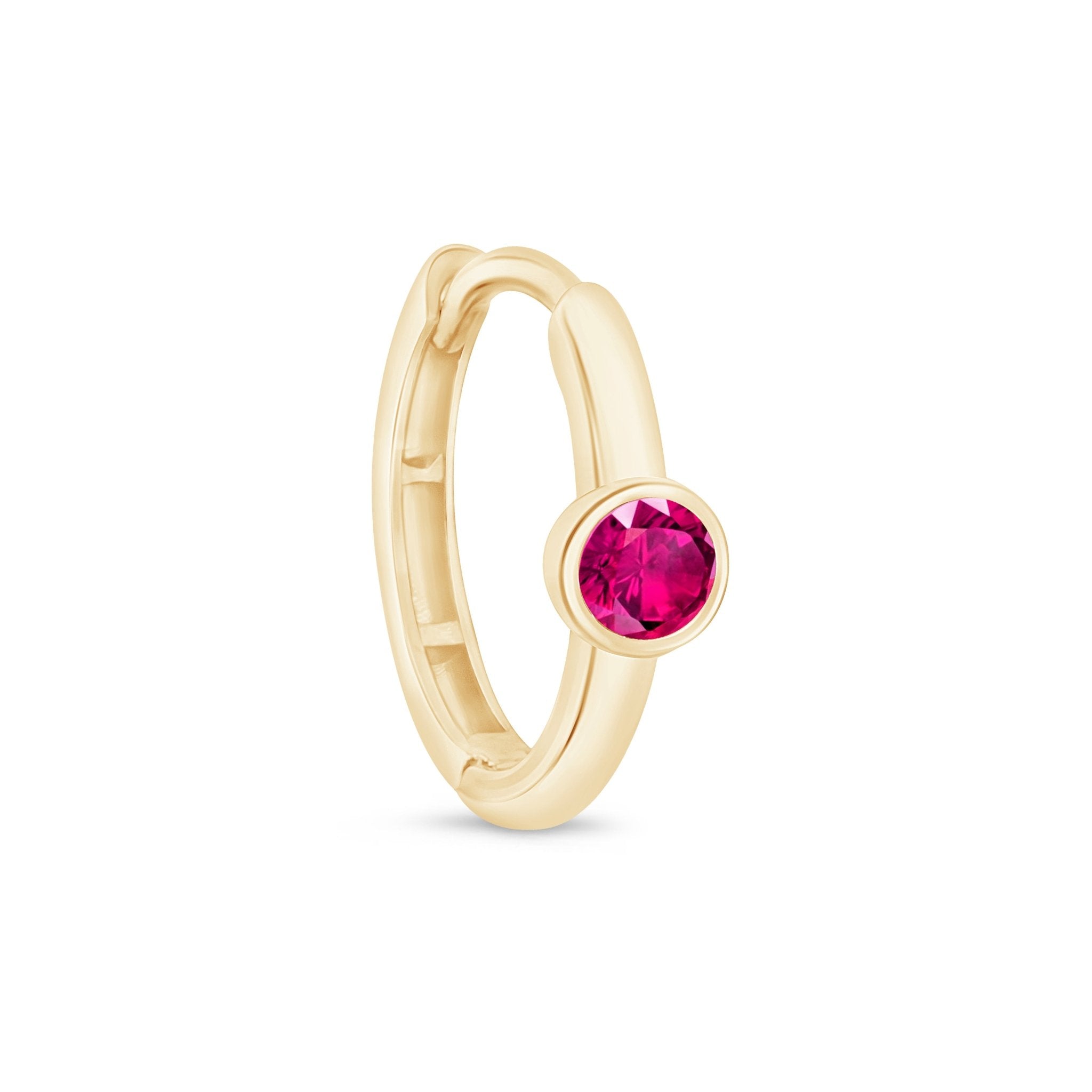 Ruby Huggie Bezel Set in Solid 14k Yellow Gold