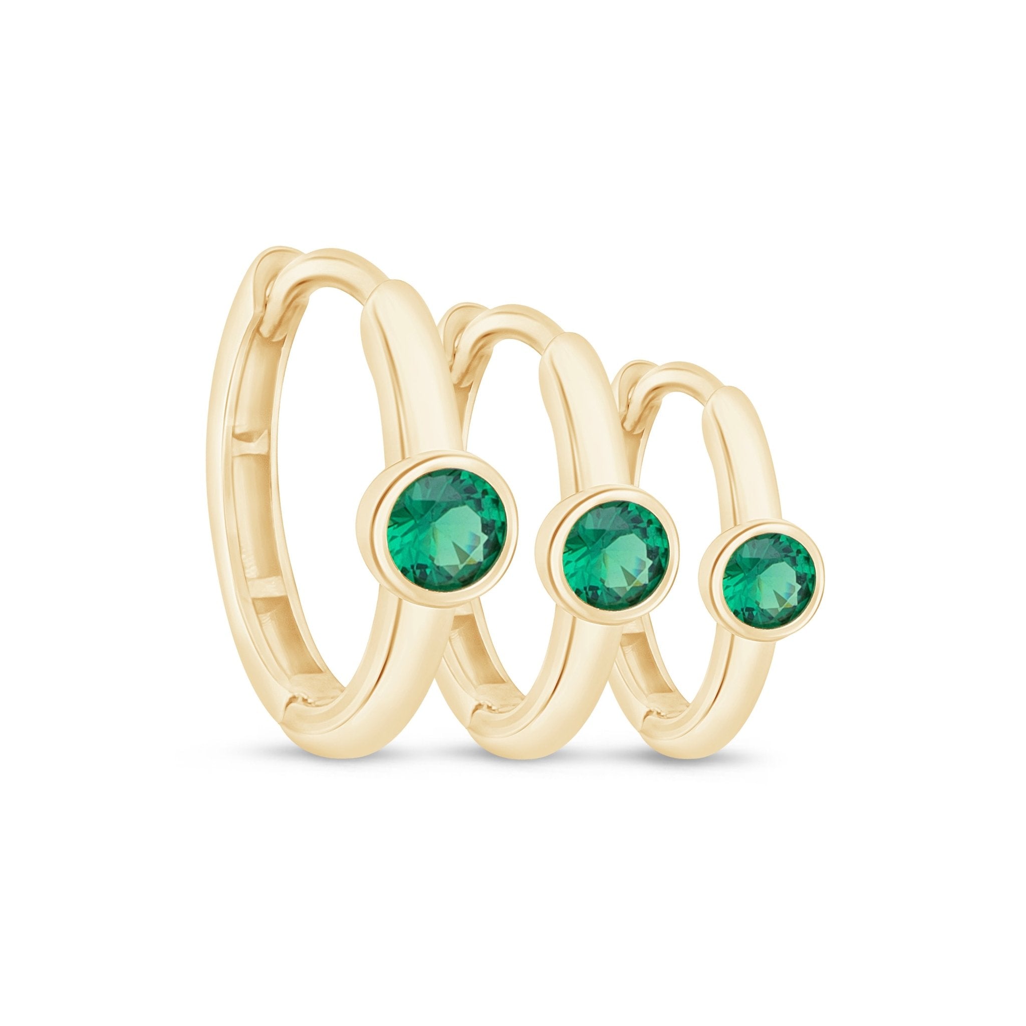Emerald Huggie Bezel Set in Solid 14k Yellow Gold