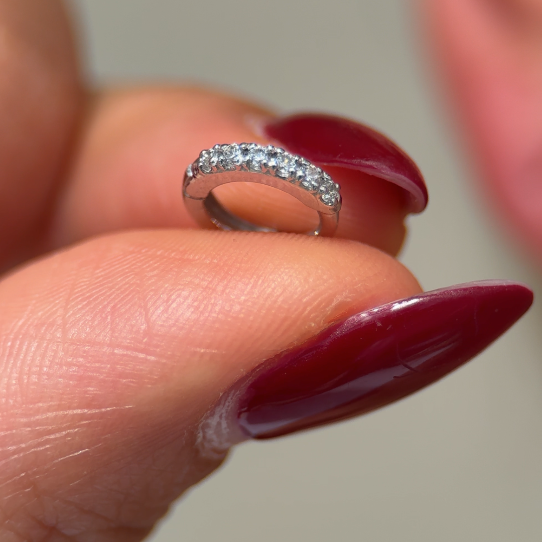 Cubic Zirconia Studded Huggie Hoop in Solid 14k White Gold