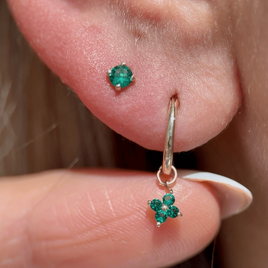 Hoop with Emerald Clover Charm in Solid 14k Yellow Gold
