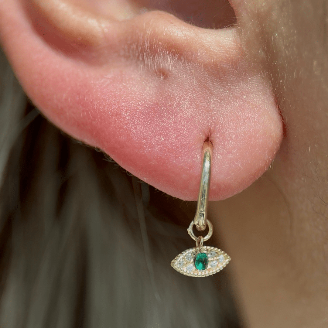 Hoop with Emerald Evil Eye Charm in Solid 14k Yellow Gold