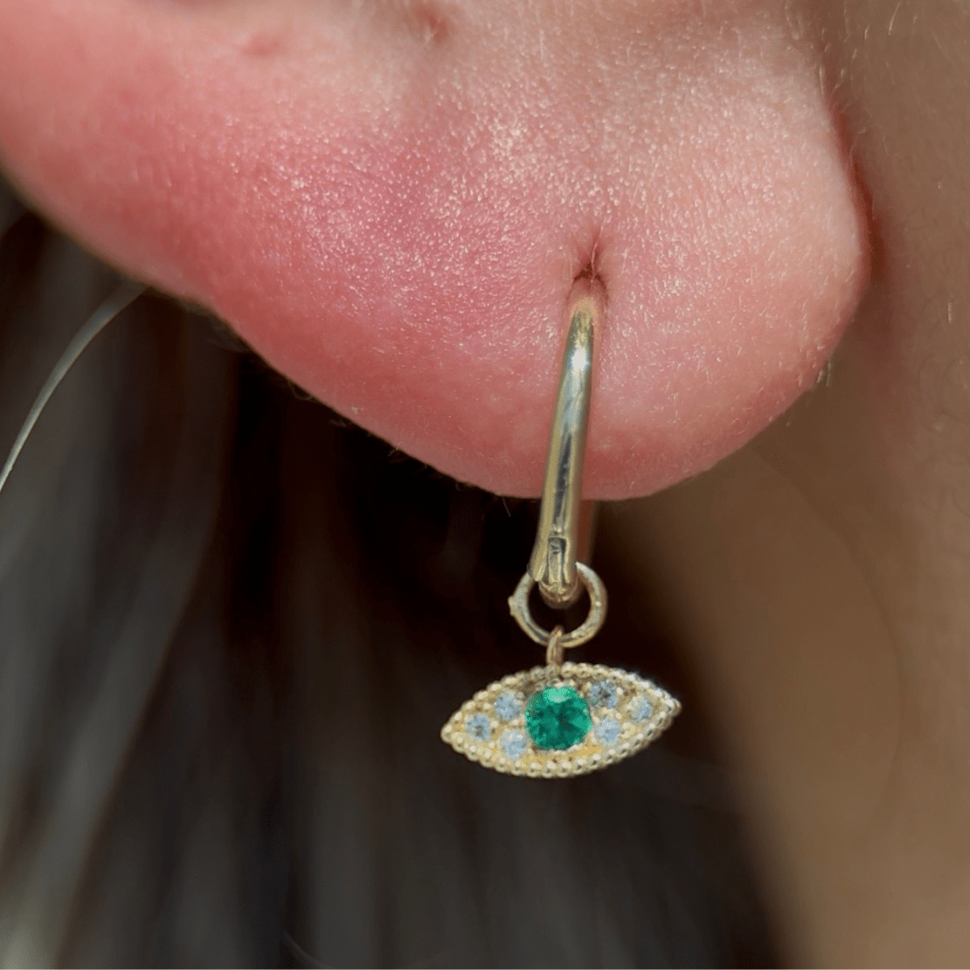 Hoop with Emerald Evil Eye Charm in Solid 14k Yellow Gold