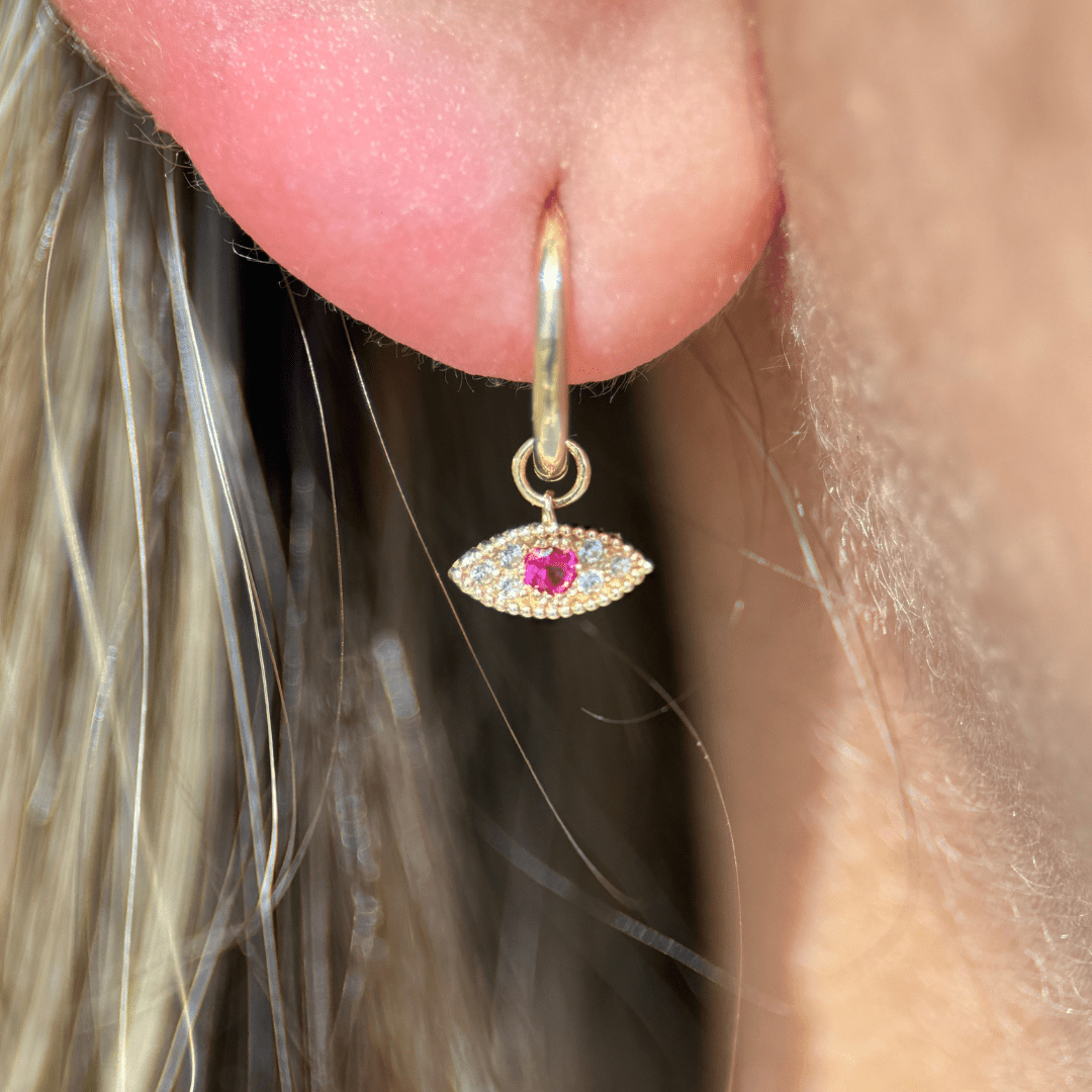 Hoop with Sapphire Evil Eye Charm in Solid 14k Yellow Gold