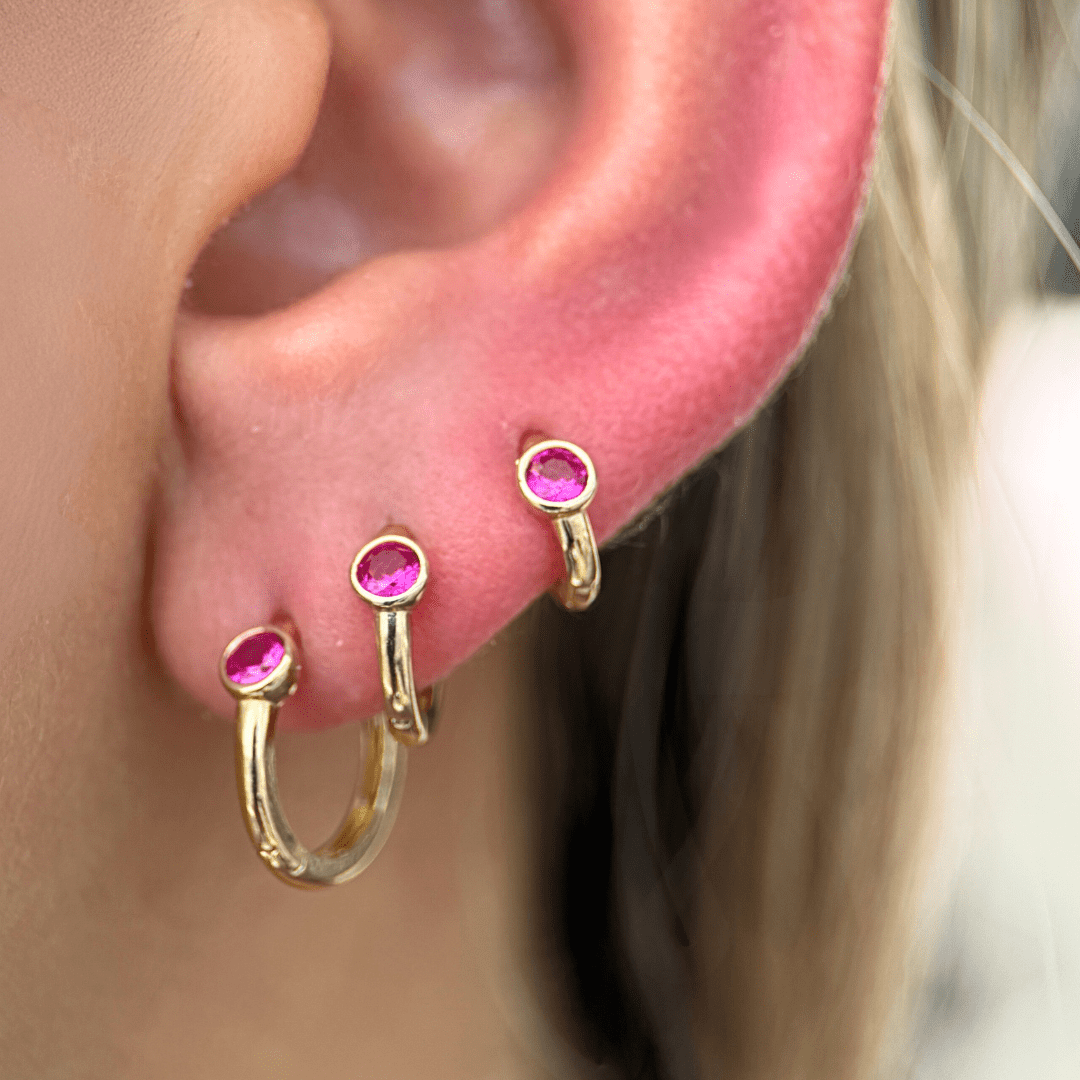 Ruby Huggie Bezel Set in Solid 14k Yellow Gold