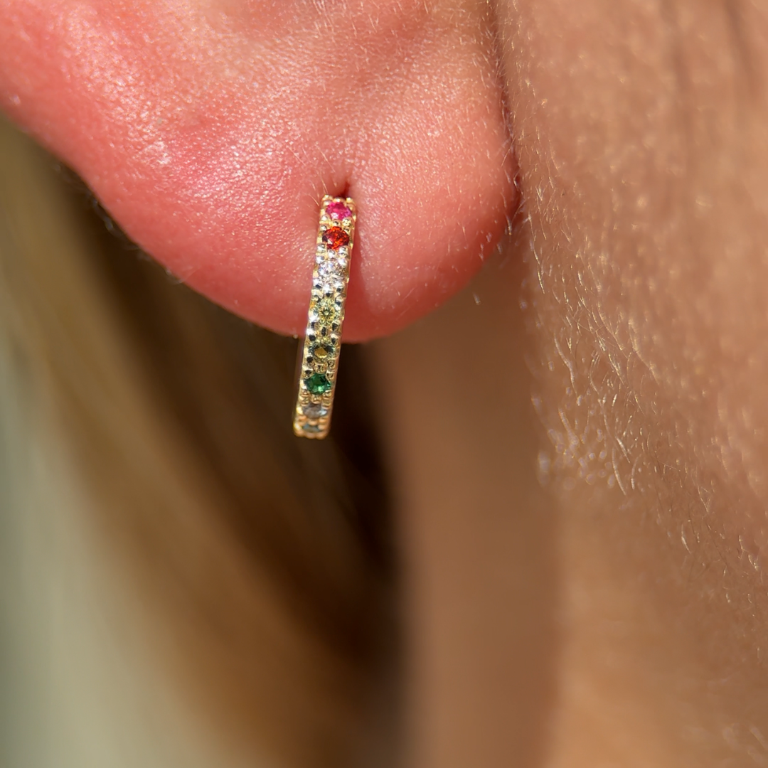 Rainbow Pavé Studded Gemstone Hoop in Solid 14k Yellow Gold
