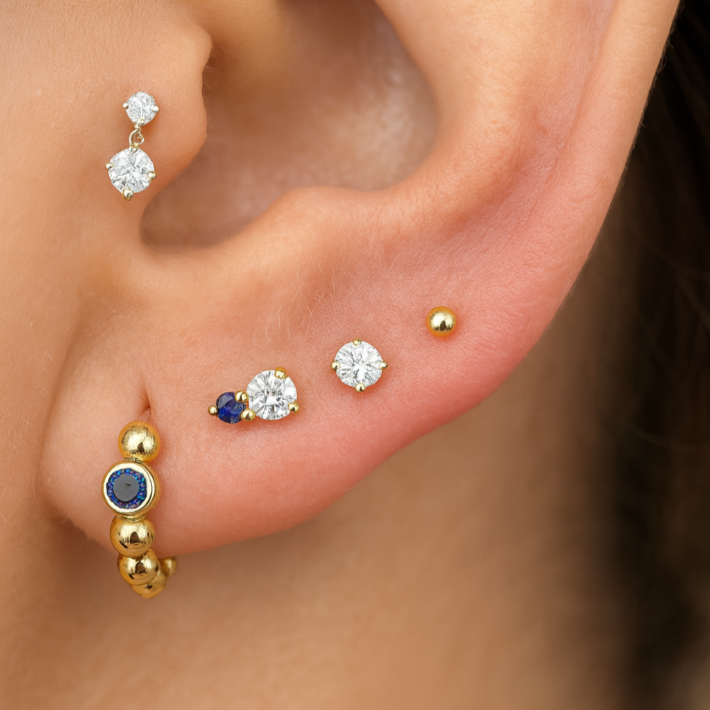 Double Diamond Drop Flat Back Stud in Solid 14k Yellow Gold