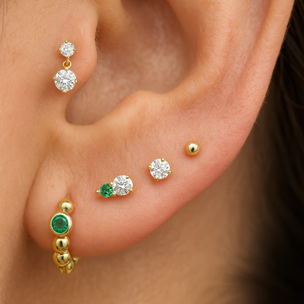 Emerald Beaded Hoop in Solid 14k Yellow Gold