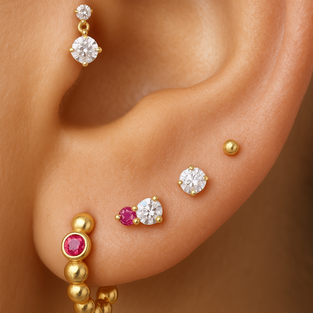 Double Diamond Drop Flat Back Stud in Solid 14k Yellow Gold